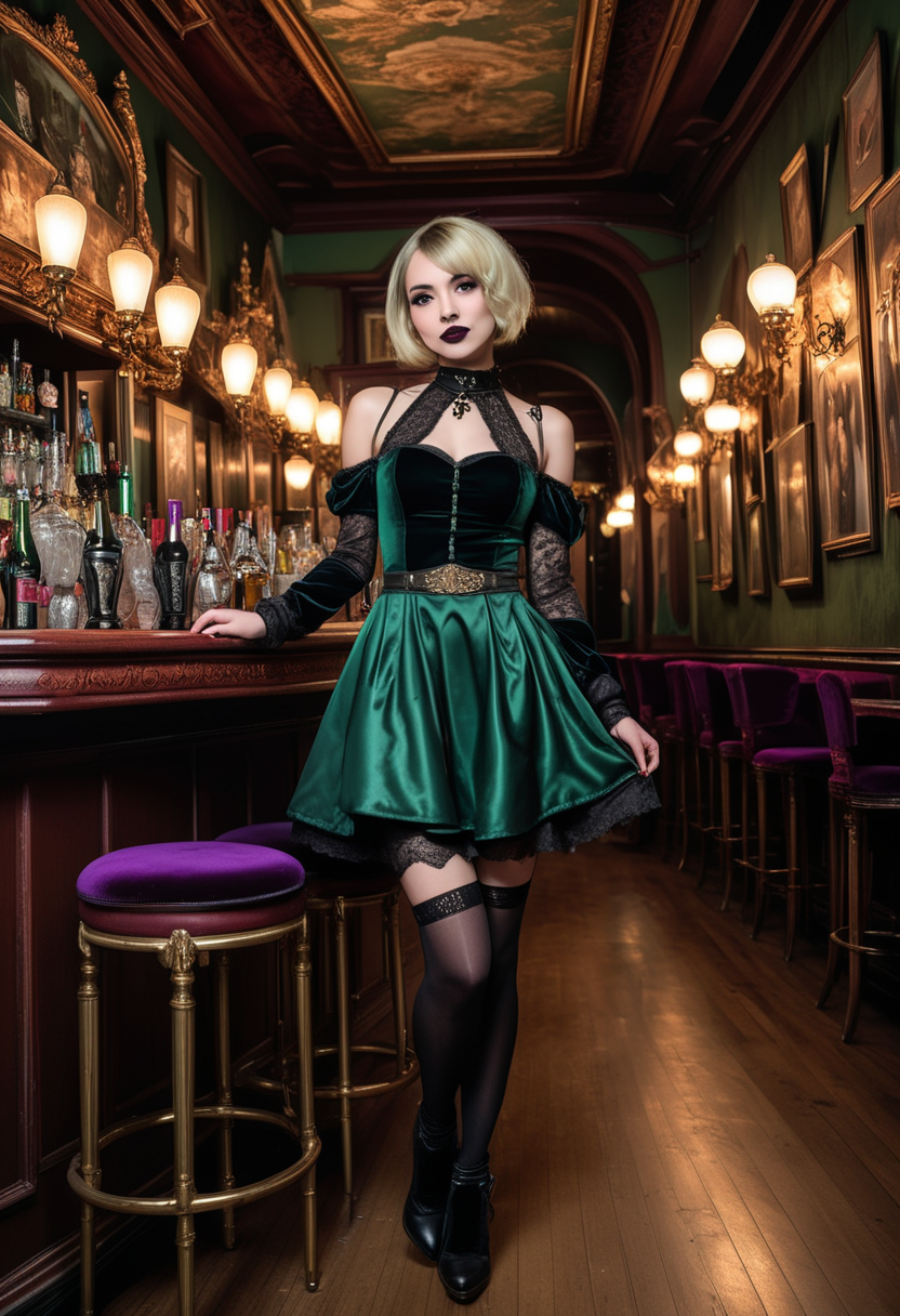 (medium full shot) of (striking gothic maiden) young woman, slim build, short blonde bob cut hair, chinese, tan skin, brown eyes, wearing a dark victorian emerald green satin gothic dress with dark detailing , knee-high stockings, gothic boots, Deep plum lipstick, intense black eyeshadow with purple undertones, lace choker carrying a studed crossbody bag, set in  gothic Bar main Area, Dimly lit space with worn wooden floors, ornate Victorian-style bar with brass accents, velvet-upholstered bar stools, antique chandeliers hanging from the ceiling, vintage paintings adorning the walls , at night, woman smiling, ,Masterpiece,best quality, raw photo, realistic, very aesthetic