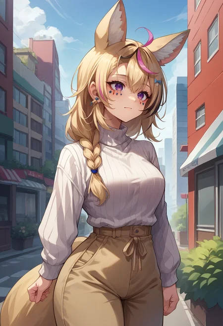 score_9, score_8_up, source_anime, 1girl, solo, OmaruPolka, streaked hair, fox ears, facial mark, long hair, side braid, purple eyes, fox tail, sweater, ribbed sweater, long sleeves, high-waist pants, outdoors, city, <lora:ChamOmaruPolkaPonyXL:1>