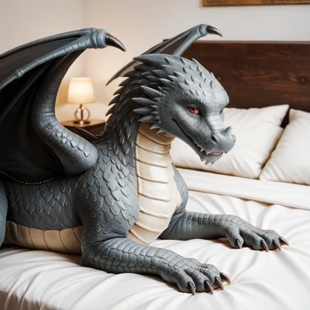 score_9, score_8_up, score_7_up, score_6_up, score_5_up, score_4_up, masterpiece, high quality, realistic, detailed, best quality, white bed, solo, rating_safe, source_furry, bedroom, smiling, seductive, ((looking at viewer)), lying on belly, detailed eyes, feral, maverick_awsw, dragon, gray scales, tail, scales, claw, wings, red eyes, 1boy, male, (close up)