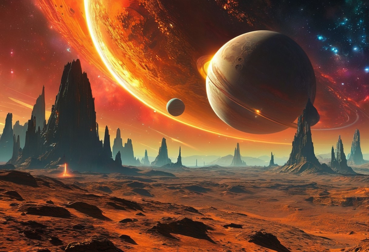 A breathtaking alien planet with three moons orbiting in the sky. Sleek, futuristic spaceships soar from the planet's surface toward the moons, leaving glowing trails in their wake. In the background, a vibrant galactic flame nebula illuminates the cosmos with swirling orange, red, and blue hues, casting an ethereal light over the entire scene. The planet’s surface is dotted with advanced technology, towering structures, and unique landscapes. The atmosphere is filled with a sense of wonder and exploration, as the moons and nebula dominate the sky.