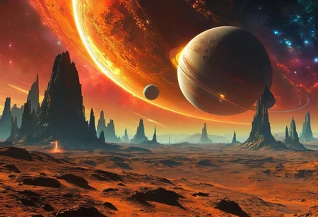 A breathtaking alien planet with three moons orbiting in the sky. Sleek, futuristic spaceships soar from the planet's surface toward the moons, leaving glowing trails in their wake. In the background, a vibrant galactic flame nebula illuminates the cosmos with swirling orange, red, and blue hues, casting an ethereal light over the entire scene. The planet’s surface is dotted with advanced technology, towering structures, and unique landscapes. The atmosphere is filled with a sense of wonder and exploration, as the moons and nebula dominate the sky.