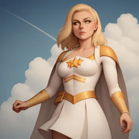 2d, score_9, score_8_up, score_7_up, score_6_up, score_5_up, score_4_up, Expressiveh, 1 girl, solo, intricate details, rating_adult, Expressiveh, WJS07style. starlight, blonde hair, beautiful woman, glowing_yellow_eyes, starlight_costume, sky background, clouds. sunshine in background, skirt, cape blowing in the wind
