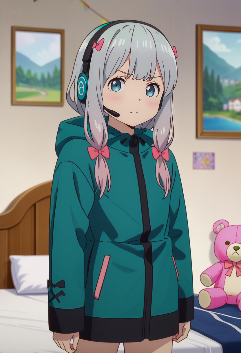 score_7_up, anime screencap,
<lora:EromangaSensei_IzumiSagiriXL:0.9>,
1girl, solo, closed mouth, frown,
low-tied long hair, multicolored hair, grey hair, blue eyes, hair bow, pink bow,
headset,
SagiriJacket, hooded jacket, green jacket,
standing, looking at viewer,
blurry background, indoors, bed, stuffed toy