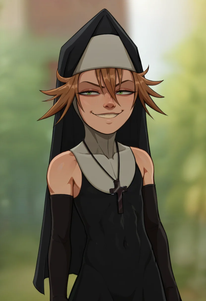 score_9, score_8_up, score_7_up, <lora:add-detail-xl:3>,
BREAK
<lora:Sister_Theodosia:0.8>, toddy, brown hair, green eyes, habit, nun , nun dress, elbow gloves, cross necklace,
BREAK
solo, standing, smirk, closed mouth,upper body,