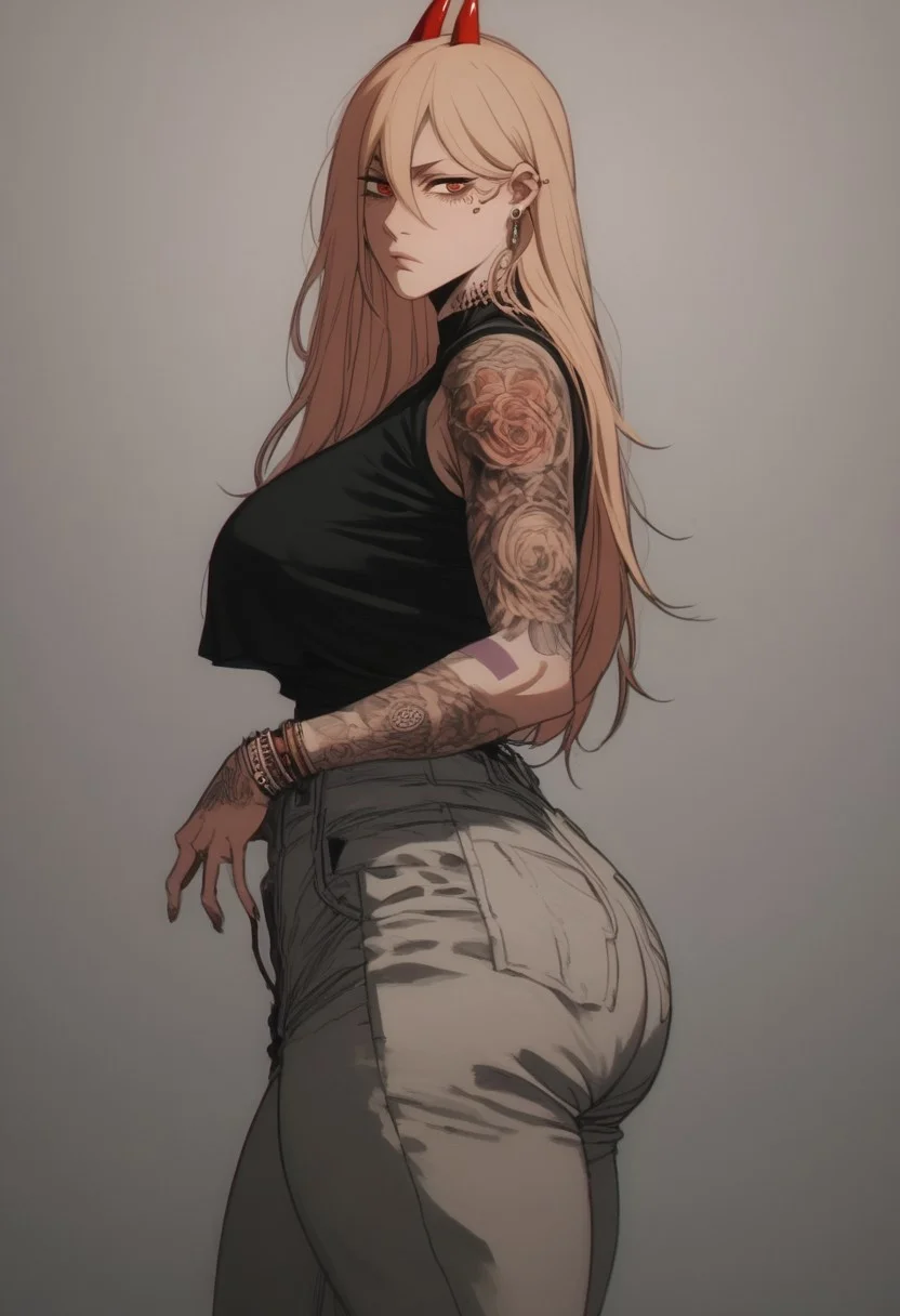 ratatatat74 style, score_9, score_8_up, score_8_up solo, 1girl, 1girl, p0w3r0x1, long hair, blonde hair, red horns,demon pupils, big ass, h thick thighs, massive tits, , looking at viewer, slutty, tattoos on asst4ts, tattoos, tattoo, huge breasts, piersing,