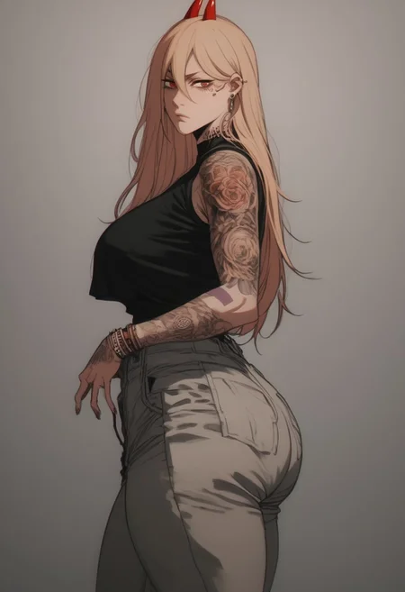 ratatatat74 style, score_9, score_8_up, score_8_up solo, 1girl, 1girl, p0w3r0x1, long hair, blonde hair, red horns,demon pupils, big ass, h thick thighs, massive tits, , looking at viewer, slutty, tattoos on asst4ts, tattoos, tattoo, huge breasts, piersing,
