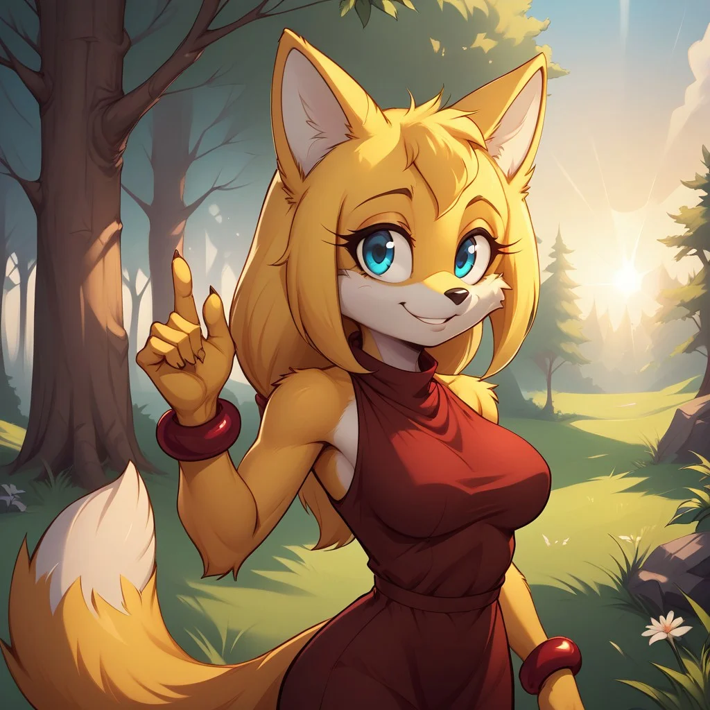 score_9, score_8, BREAK, solo, Zooey the Fox, yellow skin, blue eyes, red dress, red bracelets, yellow tail, furry, furry female, adult female, mature female, breasts, sexy pose, self portrait, smile, outdoors, sunlight, shadows, evening lighting, natural lighting, forest, trees, grass, orange sky, sunset