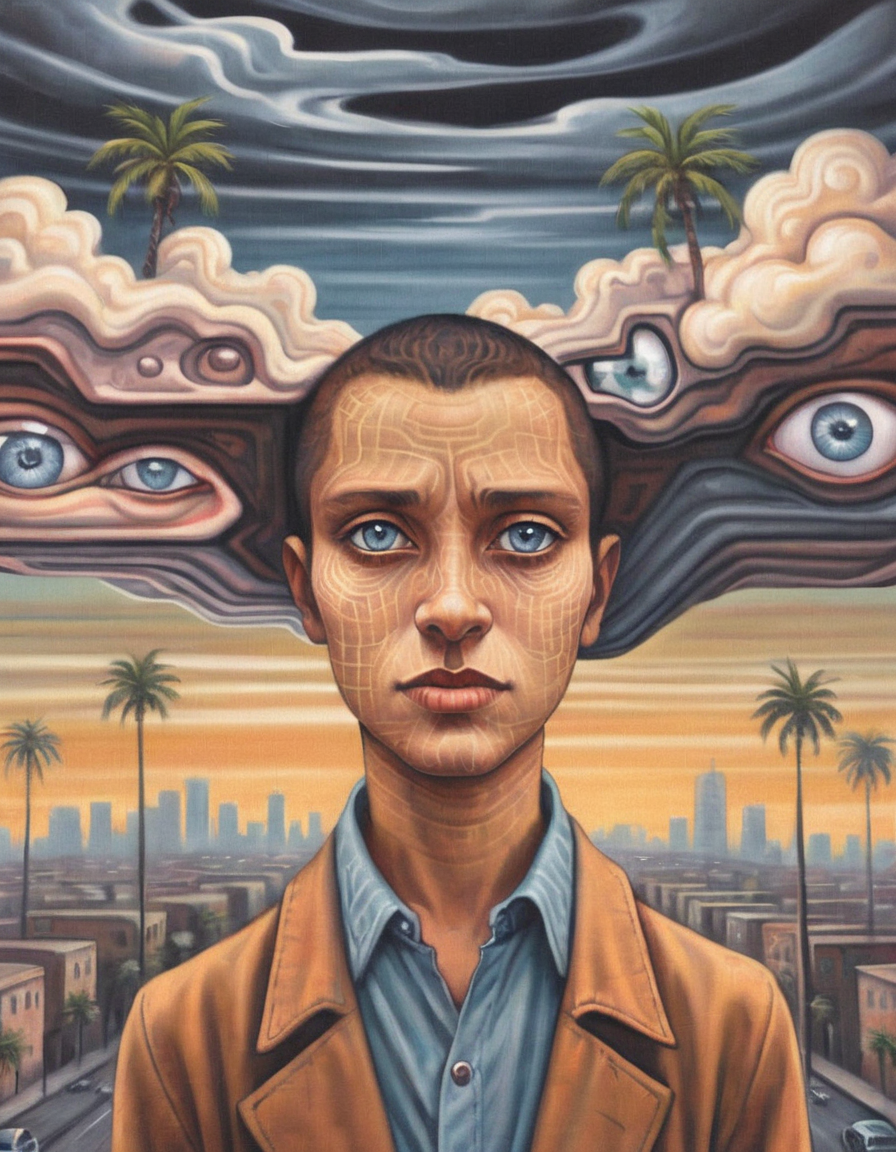 <lora:amsa:0.5>amsa, person, starry eyes, palm trees, city, sky, clouds, eyes, abstract