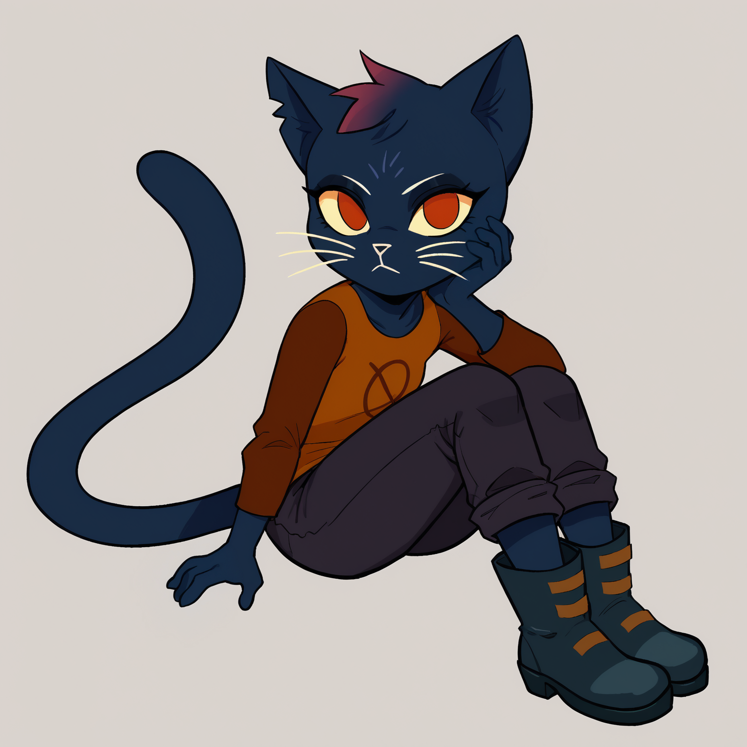 score_9, score_8_up <lora:MaeBorowski-PONY:0.8> mae borowski, night in the woods, female, sitting, solo, full body, simple background, looking at viewer, shirt, pants, boots