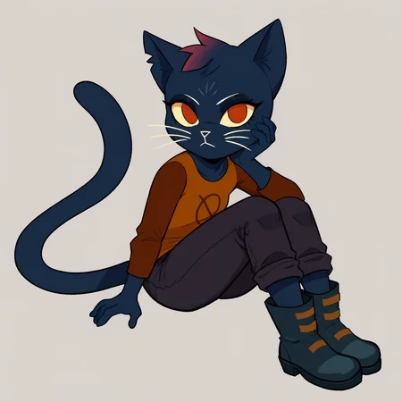 score_9, score_8_up <lora:MaeBorowski-PONY:0.8> mae borowski, night in the woods, female, sitting, solo, full body, simple background, looking at viewer, shirt, pants, boots