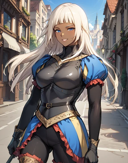 ophelia_amleth, white hair, long hair, blue eyes, dark-skinned female, dark skin, black pants, ,armor, gloves, knight clothes, breastplate BREAK outdoors, city street, BREAK looking at viewer, sexy face, sexy smile, open mouth, cowboy shot, BREAK score_9, score_8_up, score_7_up, source_anime ,zPDXL, <lora:Ophelia_Amleth:0.8>