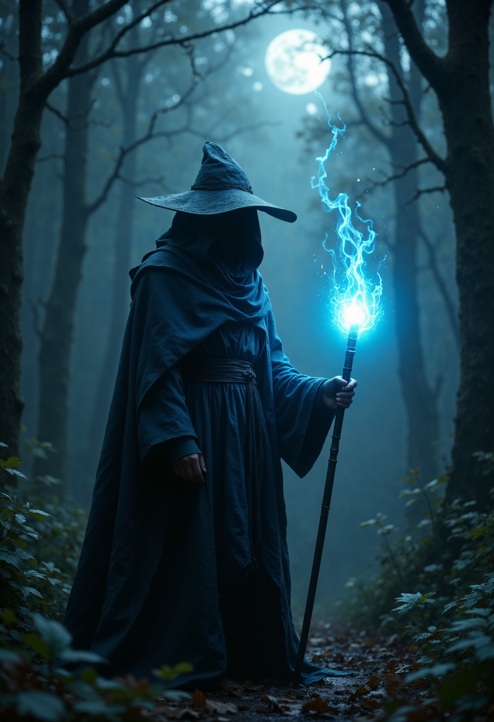 R3alisticF, A photograph of a solitary figure cloaked in a dark, hooded robe and a wide-brimmed hat, standing in a misty, moonlit forest. The figure holds a glowing staff, casting an ethereal blue light. The background is filled with dense, shadowy foliage and a soft, foggy atmosphere. The robe appears heavy and textured, adding a mystical, medieval feel. The staff's light creates a focal point, enhancing the enigmatic and otherworldly ambiance. <lora:FluxMythR3alisticF:1>