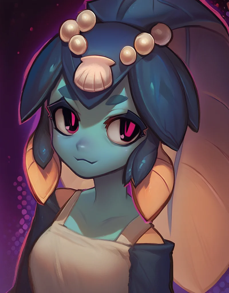 score_9, score_8_up, score_7_up, score_6_up, score_5_up, score_4_up, by v1v, waist up, fully rendered, cone nose, minette, pearls, shell, pink eyes, blue skin, solo, 1girl,monster girl, portrait, <lora:PonyXL_V6_Minette_Trigger_Reg:1> colored skin <lora:PonyXL_V6_v1v404_v3:1>