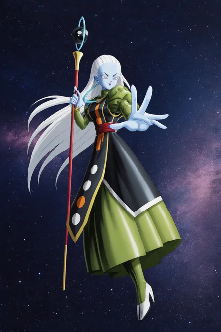source_anime, score_9, score_8_up, score_7_up, anime screencap,8k, absurd res,
vados \(dragon ball\), hairdown, 1girl, solo, very long hair, black dress, floating, full body, white hair, midair, ((sky)), night, colored skin, staff, star \(sky\), (outstretched arm), starry sky, outstretched hand, blue skin, space, underskirt, undershirt, v-shaped eyebrows, turtleneck, sleeveless dress, red sash, purple nails, puffy sleeves, print dress, pantyhose, white footwear, official style, neck ring, looking down, looking at viewer, long sleeves, juliet sleeves, high heels, green skirt, green legwear, gold trim, fingernails, holding staff, green topwear, long skirt, floating hair,
<lora:vados_pony_v1:0.8>