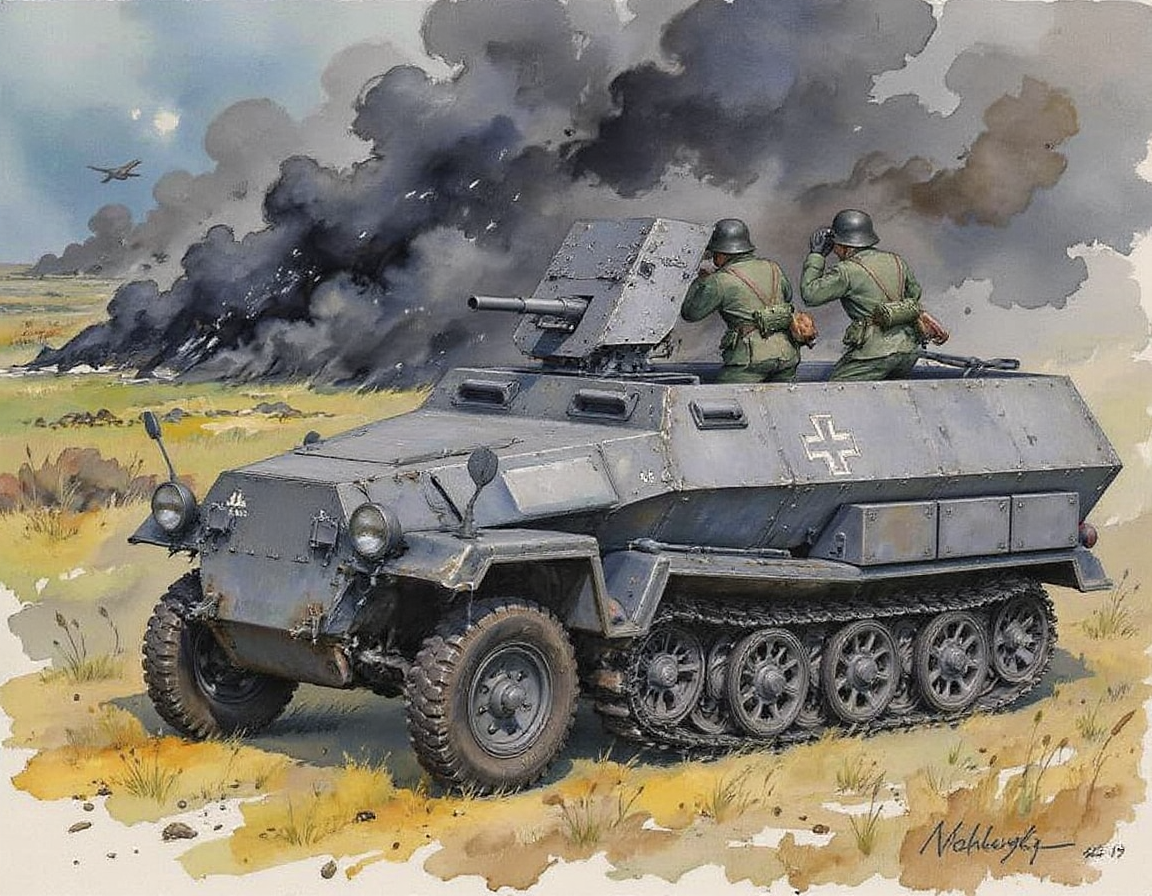 A watercolor of a German self-propelled gun resupplying with ammunition. An atmospheric scene of relief during a fierce battle, conversation, debris, smoke in the distance. <lora:FluxWatercolor:0.8> Jedwtclr, watercolor,  <lora:sd-kfz-251-10:1>sd-kfz-251-10:ã
A German WWII combat vehicle equipped with a 37mm anti-tank gun on an open-top half-track.View from the rear left.Three German soldiers in a firing position.One of them is checking the target with binoculars.German identification mark of a cross.soldiers are wearing helmets and field green uniforms.