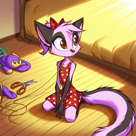 Dreamkeepers,1girl,Prelude_Vi,solo,furry,tail,source_furry,hazel eyes,
child, kid,
needle, thread, plushie, fabric_scraps, scissors, polka_dot_dress, wooden_floor, sunlight, ribbon
