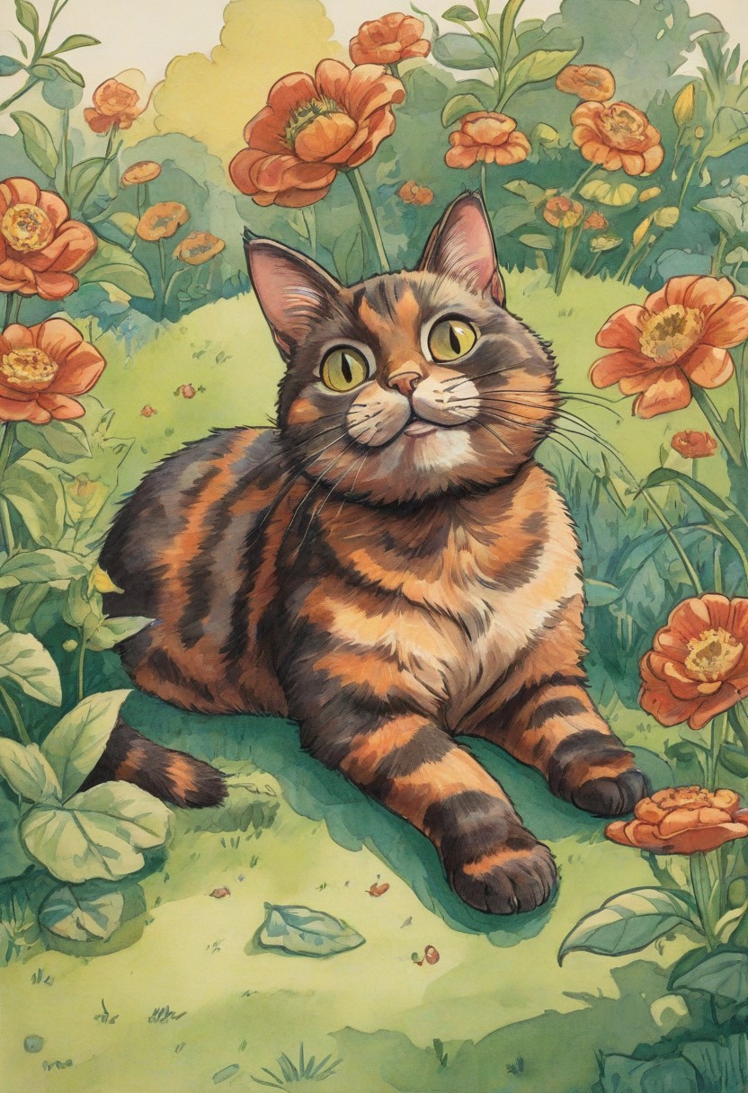 cartoon of cute tortoiseshell cat, lying on back, playful, quirky, 1940's cartoon, vintage cartoon, beautiful, detailed, garden background