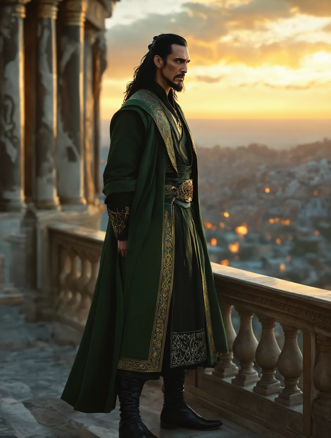breathtaking detailed, masterpiece, absurdres, awe-inspiring, best quality, vibrant colors, nbn-loki, loki, full body, black hair, black beard, yellow eyes, green robe, runic robe, hands behind back, standing on balcony over asgart, sunset, cinematic lighting, realistic, temple in background<lora:sdxl_NBN-Loki_NordicByNature.safetensors:0.8:0.8>