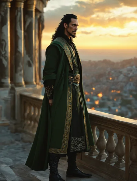 breathtaking detailed, masterpiece, absurdres, awe-inspiring, best quality, vibrant colors, nbn-loki, loki, full body, black hair, black beard, yellow eyes, green robe, runic robe, hands behind back, standing on balcony over asgart, sunset, cinematic lighting, realistic, temple in background<lora:sdxl_NBN-Loki_NordicByNature.safetensors:0.8:0.8>