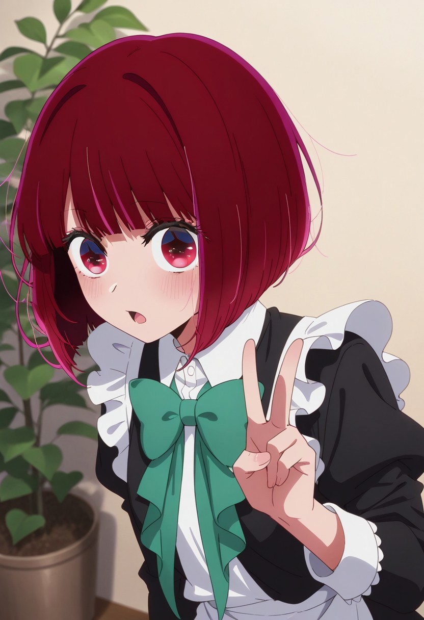 masterpiece,best quality,amazing quality,arima kana, red hair, short hair, red eyes, 1girl, solo, bow, open mouth, plant, bob cut, v, green bow, bowtie, maid
