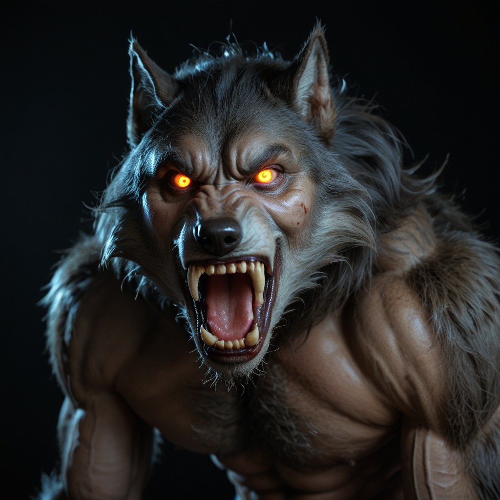 horror movie, still ,werewolf ,photo ,score_9_up ,score_8_up, score_7_up, action scene ,movie still ,no humans ,open mouth teeth, wolf looking at viewer realistic glowing solo glowing eyes black background horror (theme) animal focus animal sharp teeth white eyes fangs realistic nsfw muscular male muscular penis large pectorals male focus abs nipples pectorals bara best quality masterpiece 4k uncensored prefect lighting rating_explicit horror very aesthetic