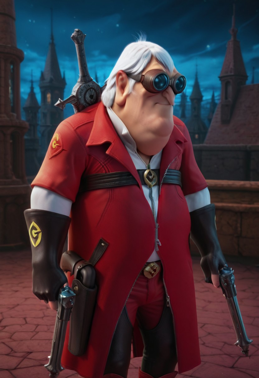 masterpiece, high quality, highest detail, semi-realistic,  (solo:1.3), 1boy, Nefario, maddoc, ggls, lbct, goggles, fat chin, detailed face, medium white hair, open black collared shirt, open collar, zipper, chest belt, red coat, trench coat, sleeves rolled up, black gloves, partially fingerless gloves, buckle, black chaps, red pants, cowboy boots, dante, luminous effects, A3THER, two pistols, (holstered sword on back:1.3), devil_may_cry, negative_hand, da4e3, (dual pistols:1.3), detailed background, gothic citiscape background, grimdark, night, spires,