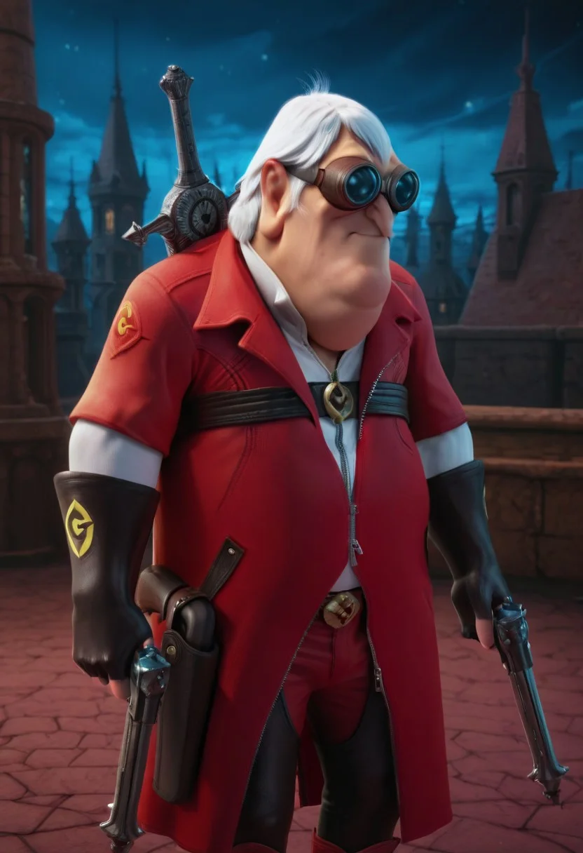 masterpiece, high quality, highest detail, semi-realistic, (solo:1.3), 1boy, Nefario, maddoc, ggls, lbct, goggles, fat chin, detailed face, medium white hair, open black collared shirt, open collar, zipper, chest belt, red coat, trench coat, sleeves rolled up, black gloves, partially fingerless gloves, buckle, black chaps, red pants, cowboy boots, dante, luminous effects, A3THER, two pistols, (holstered sword on back:1.3), devil_may_cry, negative_hand, da4e3, (dual pistols:1.3), detailed background, gothic citiscape background, grimdark, night, spires,