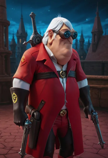 masterpiece, high quality, highest detail, semi-realistic, (solo:1.3), 1boy, Nefario, maddoc, ggls, lbct, goggles, fat chin, detailed face, medium white hair, open black collared shirt, open collar, zipper, chest belt, red coat, trench coat, sleeves rolled up, black gloves, partially fingerless gloves, buckle, black chaps, red pants, cowboy boots, dante, luminous effects, A3THER, two pistols, (holstered sword on back:1.3), devil_may_cry, negative_hand, da4e3, (dual pistols:1.3), detailed background, gothic citiscape background, grimdark, night, spires,