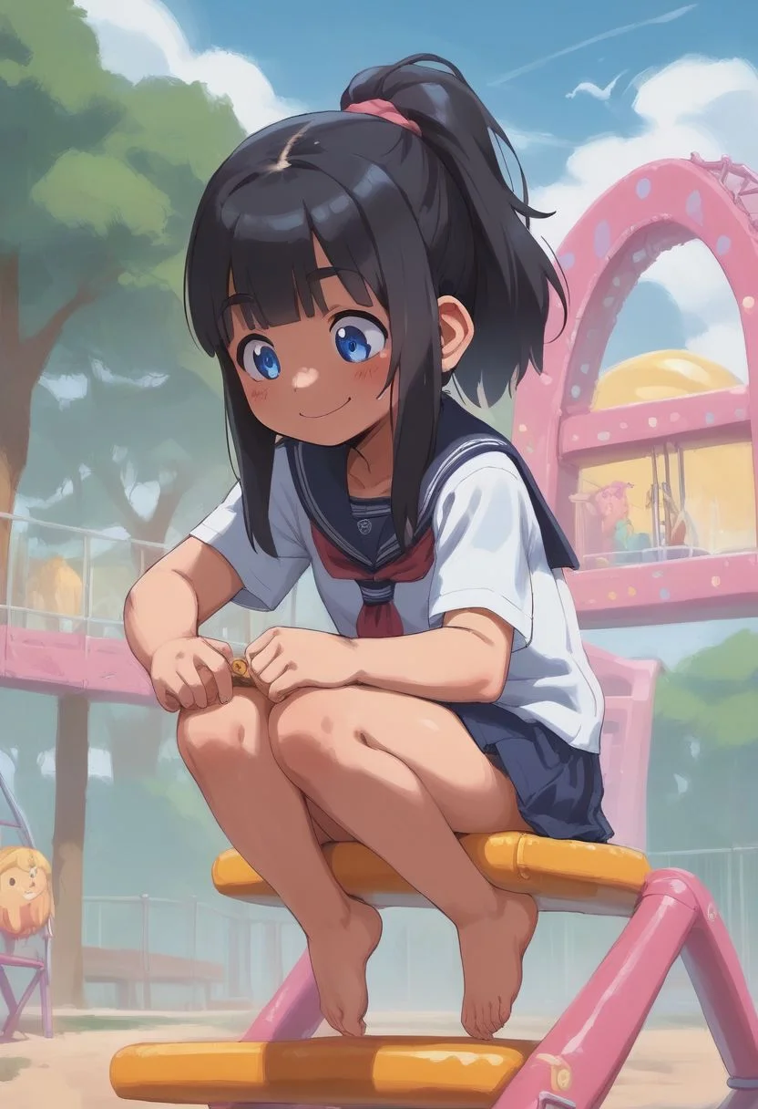 score_9, score_8_up, score_7_up, bbka_style,
1girl, solo, hime cut, pastel hair, blue eyes, slide, swings, kawaii, cute, adorable, ponytail, smiling, playground, school uniform, climbing, playing, <lora:bbka_pdxl5:1>