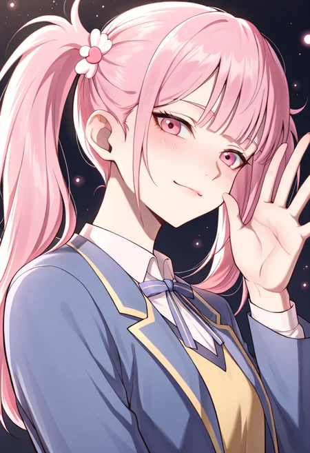 <lora:Li Tianxi School Uniform2:0.8>,15_Li Tianxi School UniformWoman,long hair,bangs,twintails,pink hair,side ponytail,pink eyes,shirt,ribbon,holding,twintails,medium breast,light skin,1girl,school uniform,blue jacket,white shirt,collared shirt,neck ribbon,school uniform,jacket,long sleeves,miniskirt,pleated skirt,black shoes,white socks,
masterpiece,best quality,intricate details,upper body (portrait:1.3),dramatic pose,confident gaze,cinematic lighting,(dark clean background,glowing magical particles:1.3),(detailed face:1.3),vibrant colors.,
,waving at viewer,(close to face:1.3),portrait,