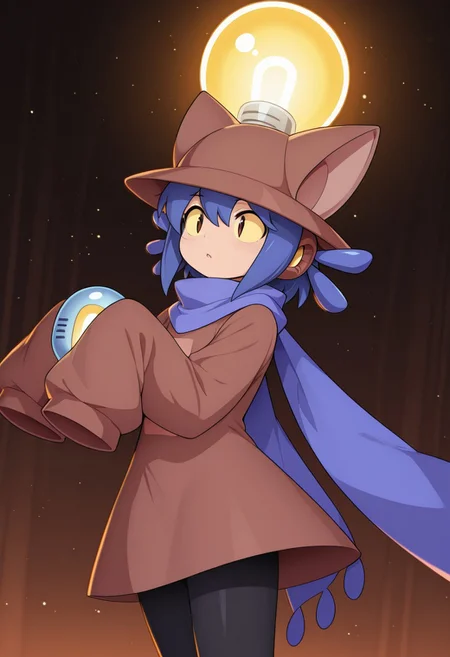 masterpiece, best quality, amazing quality, cniko,blue hair,short hair,hair between eyes,whiskers,, cat hat,yellow sclera,brown eyes,slit pupils,blue scarf,brown dress,long sleeves,sleeves past fingers,sleeves past wrists,black legwear, xdive, android, robot ears, bodysuit, holding a giant lightbulb, curious expression