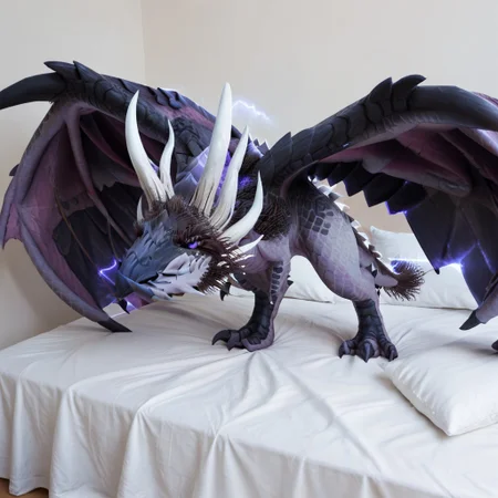 score_9, score_8_up, score_7_up, score_6_up, masterpiece, high quality, realistic, detailed, best quality, white bed, 1girl, solo, rating_safe, source_furry, bedroom, smiling, seductive, (looking at viewer), on bed, full body, close up , razageth_wc, dragon, scales, wings, horns, tail, (wyvern), female, 1girl, feral, purple sclera, purple eyes, glowing eyes, no hands, no claws