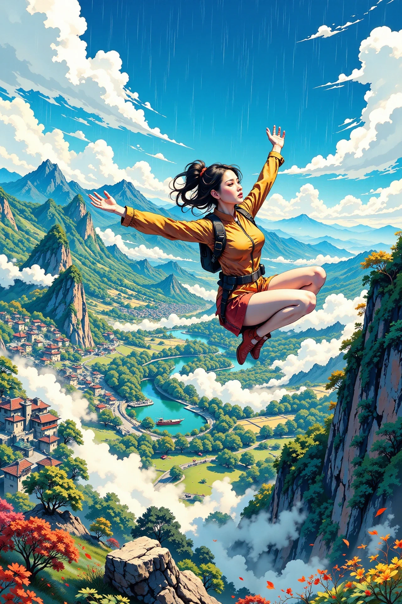 a woman skydiving beautiful  anime landscape, rainy day, woman, very intricate, very detailed, sharp, bright, colorful, <lora:Hand v2:0.5> <lora:Anti-Blur:1><lora:Insane Detail Slider:0.25>  <lora:flux.1_lora_flyway_Epic-detail_v2:0.3> <lora:fluxenhancer:0.25> <lora:ROWER:0.6> <lora:flux-charmer-v1-1:0.4> <lora:Chinese_Ink:0.6> chinese ink style