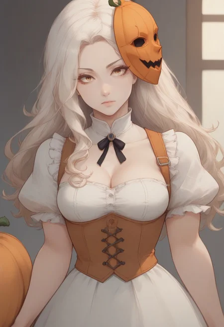 create a white haired anime girl, with wavy hair, pale skin, On his face she has a pumpkin mask, orange porcelain pumpkin mask, dressed in a medieval corset, with black medieval clothing, anime style