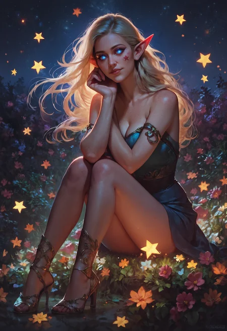 score_9, score_8_up, score_7_up, 1elf, sitting, cute face, freckles, heels, loose long blonde hair, spirit, galaxy sky, flowers, plants, leaves, light flowers, night, stars, realistic, <lora:Pony_DetailV1.0:1>, <lora:g4l4xyXLP:0.3>, <lora:Concept Art DarkSide Style LoRA_Pony XL v6:0.7>