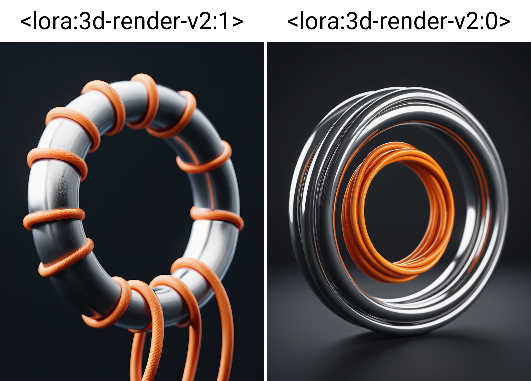 3D render, of a close up of a metal ring with orange cords tied to it, product render, beautiful, clean digital render, circular, product design shot, concept illustration, rendered in cinema 4d, shaped like a torus ring, high contrast, dark background <lora:3d-render-v2:1>