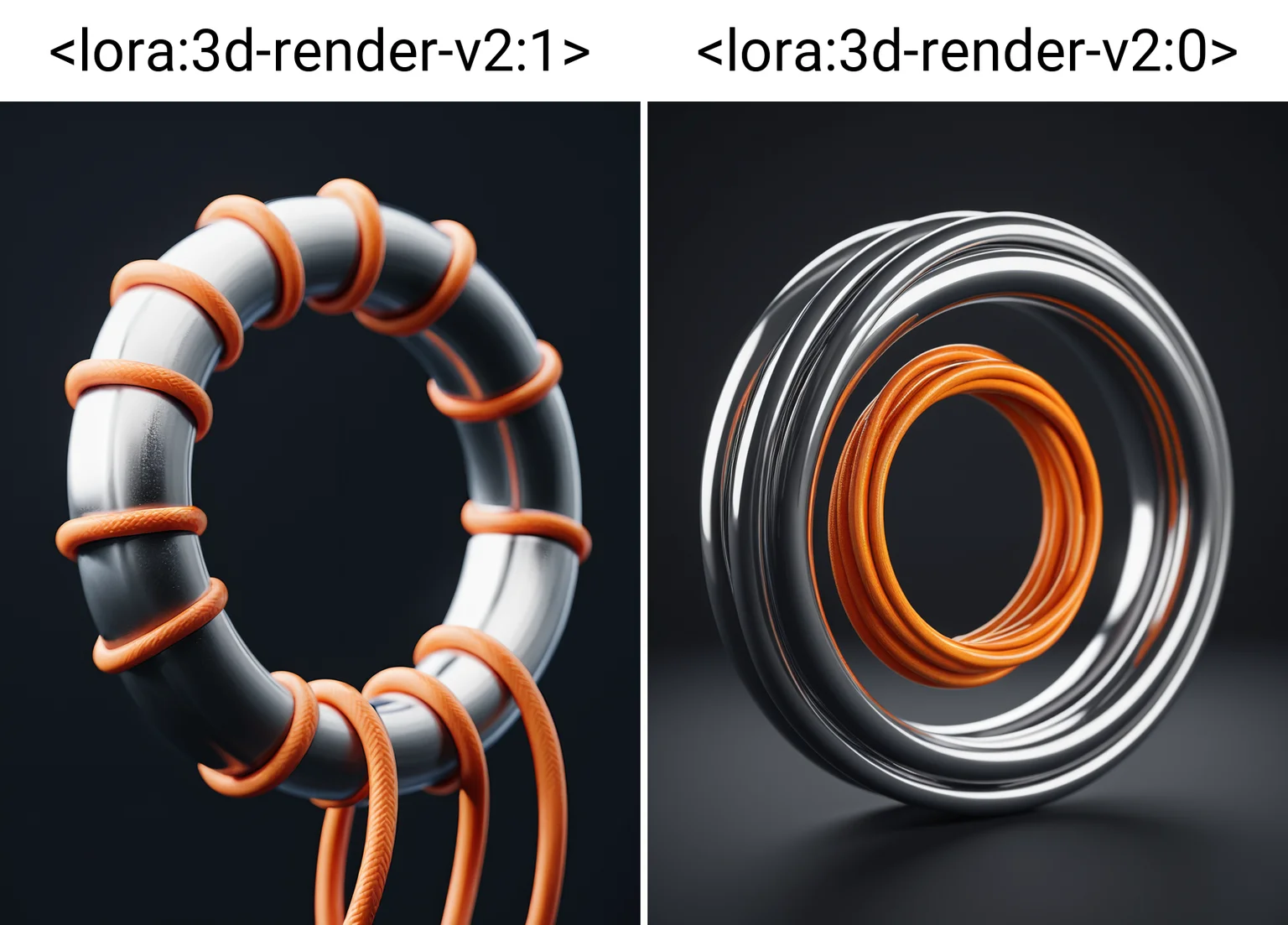 3D render, of a close up of a metal ring with orange cords tied to it, product render, beautiful, clean digital render, circular, product design shot, concept illustration, rendered in cinema 4d, shaped like a torus ring, high contrast, dark background <lora:3d-render-v2:1>