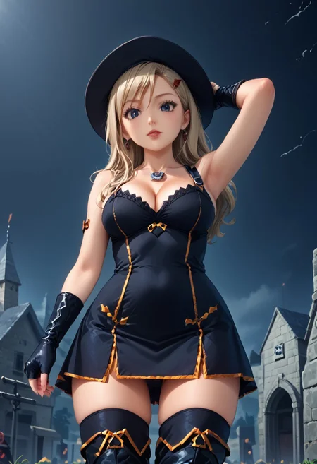 Very detailed pic, View from below, detailed hands, Rebecca Bluegarden, Big breasts, solo, breasts, hat, gloves, fingerless gloves, cleavage, dress, thighhighs, black dress, black headwear, large breasts, armpits, medium breasts, short dress, black gloves, realistic, looking at viewer, LatexOutfit, cemetery background, graves, pumpking, bats