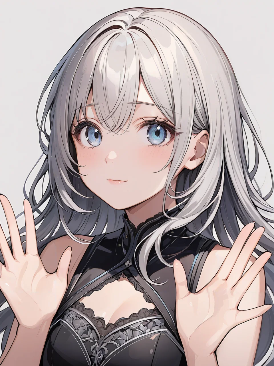 masterpiece,ultra-detailed,best quality,8K,illustration,cute face,clean skin ,shiny hair,girl,ultra-detailed-eyes,simple background, <lora:add-detail-xl:1> <lora:refusing pose_XL_V1.0:0.7> refusing pose,hands up,upper body
