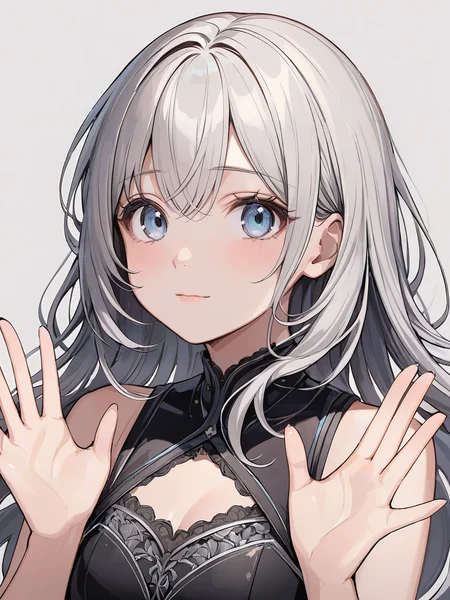 masterpiece,ultra-detailed,best quality,8K,illustration,cute face,clean skin ,shiny hair,girl,ultra-detailed-eyes,simple background, <lora:add-detail-xl:1> <lora:refusing pose_XL_V1.0:0.7> refusing pose,hands up,upper body