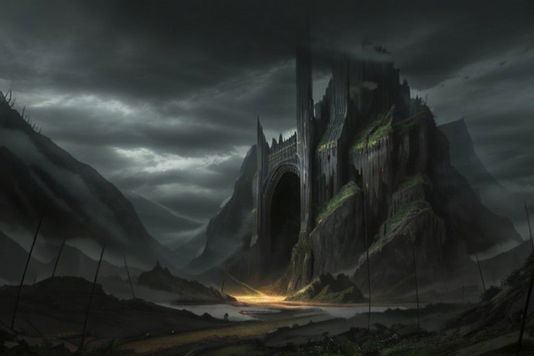 Dystopian
Watchful elves
Dark, protective clothing
Bows and arrows
Sorrow and caution
Dark cave entrance
Menacing, enchanted forest
Heavy, clouded sky
Merging shadows
Imminent danger
Bare trees
Ominous silence
Weak light through clouds
Tense atmosphere