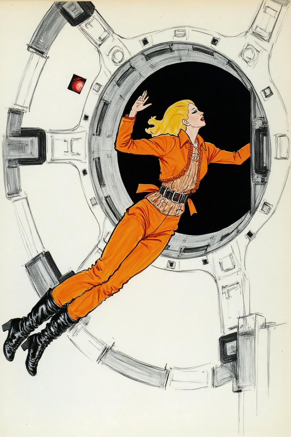 regr1 sketch Overhead sideview of a blonde woman dressed in a orange spacesuit and heavy boots, is carefully re-enacting the iconic scene from 2001: A Space Odyssey where David Bowman deactivates HAL 9000. Floating weightless on one side of a vast empty spacecraft, she methodically removes the components of the HAL 9000 interface, one piece at a time. The setting is tense and sterile, with bright lighting reflecting off the white sterile surfaces, capturing the eerie, unsettling atmosphere of the original scene. The red glow of HAL's eye slowly fades as the scene unfolds, highlighting the dramatic tension between human and machine  <lora:regr2_fashion_nocap_d6a3:1.0><lora:807699210528005564:0>