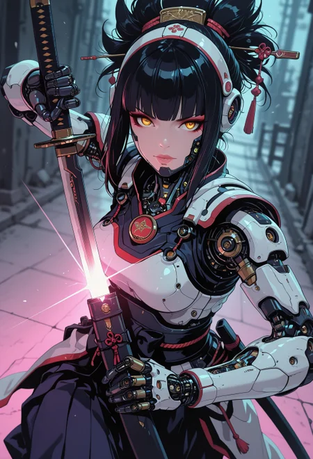 <lora:ck-nc-cyberpunk-IL-000011:0.45>,  masterpiece, best quality, good quality, very aesthetic, absurdres, newest, 8K, depth of field, focused subject, dynamic angle, action shot, 1girl, woman Geisha is an android, looking at viewer, fierce look, the plastic cyborg mask is open, the mechanical parts of the robot are visible inside, the android is very sinister and dangerous, cross_draw, katana, sword_draw, iaido, one_hand_on_sheath, unsheathing, from the epic movie Ghost in Armor, erie japanese teahouse background
in the style of cknc, in the style of ck-rw
<lora:MoriiMee_Gothic_Niji_Style_Illustrious_r1:0.5>
<lora:ck-neon-retrowave-IL:0.55>
<lora:ck-shadow-circuit-IL:0.65>