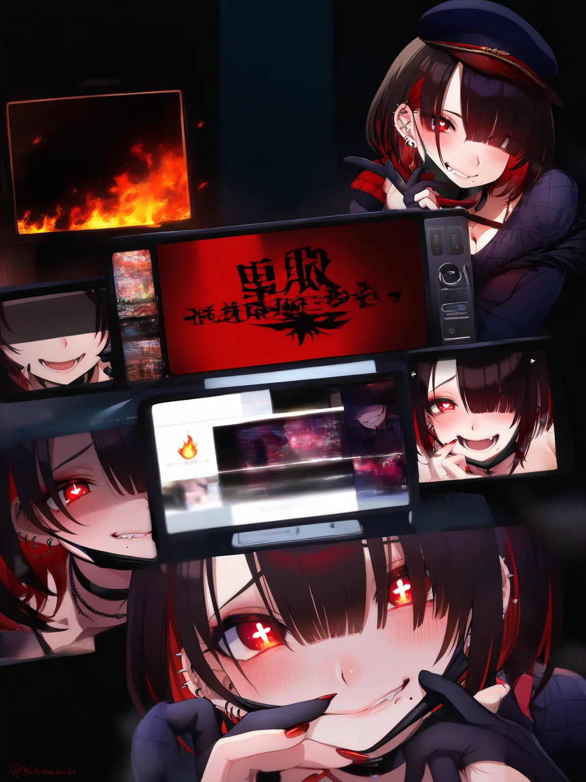 Masterpiece, Best Quality, Best Score, Best Anatomy, extremely detailed clothing, 
 <lora:[Ikezaki Misa] Assorted Artworks Omnibus Style IllustriousXL:1>mask pull, red eyes, 1girl, mouth mask, red nails, looking at viewer, hair over one eye, black hair, earrings, heart-shaped pupils, symbol-shaped pupils, jewelry, ear piercing, short hair, black mask, nail polish, parted lips, smile, television, brown hair, blush, phone, cellphone photo, biting own lip, fang, black gloves, hat, + +, surgical mask, black choker, multicolored hair, open mouth, fire, virtual youtuber, cleavage, red hair, breasts, mole under mouth, screen, streaked hair, closed mouth, hands on own face, multiple views, hands on own cheeks, grin, teeth
