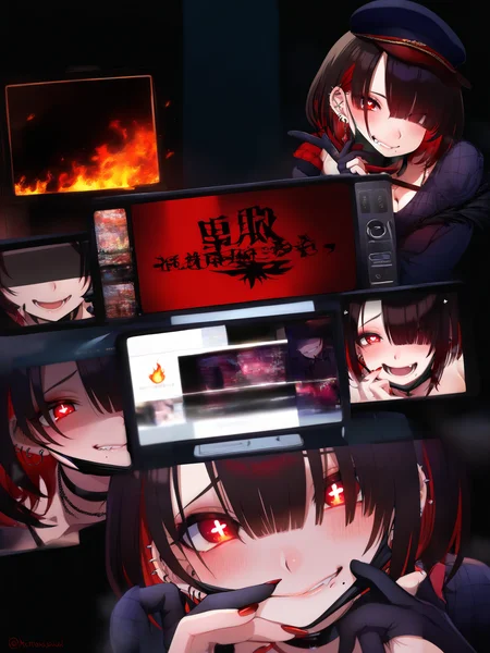 Masterpiece, Best Quality, Best Score, Best Anatomy, extremely detailed clothing, 
 <lora:[Ikezaki Misa] Assorted Artworks Omnibus Style IllustriousXL:1>mask pull, red eyes, 1girl, mouth mask, red nails, looking at viewer, hair over one eye, black hair, earrings, heart-shaped pupils, symbol-shaped pupils, jewelry, ear piercing, short hair, black mask, nail polish, parted lips, smile, television, brown hair, blush, phone, cellphone photo, biting own lip, fang, black gloves, hat, + +, surgical mask, black choker, multicolored hair, open mouth, fire, virtual youtuber, cleavage, red hair, breasts, mole under mouth, screen, streaked hair, closed mouth, hands on own face, multiple views, hands on own cheeks, grin, teeth