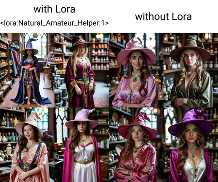 portrait Photography of a natural [chubby:0.3] woman,standing in a medieval potion shop, wearing silk wizard robes, and a silk wizard hat, jewelry with emeralds and rubies, pearls, bokeh. with Lora  <lora:Natural_Amateur_Helper:1>