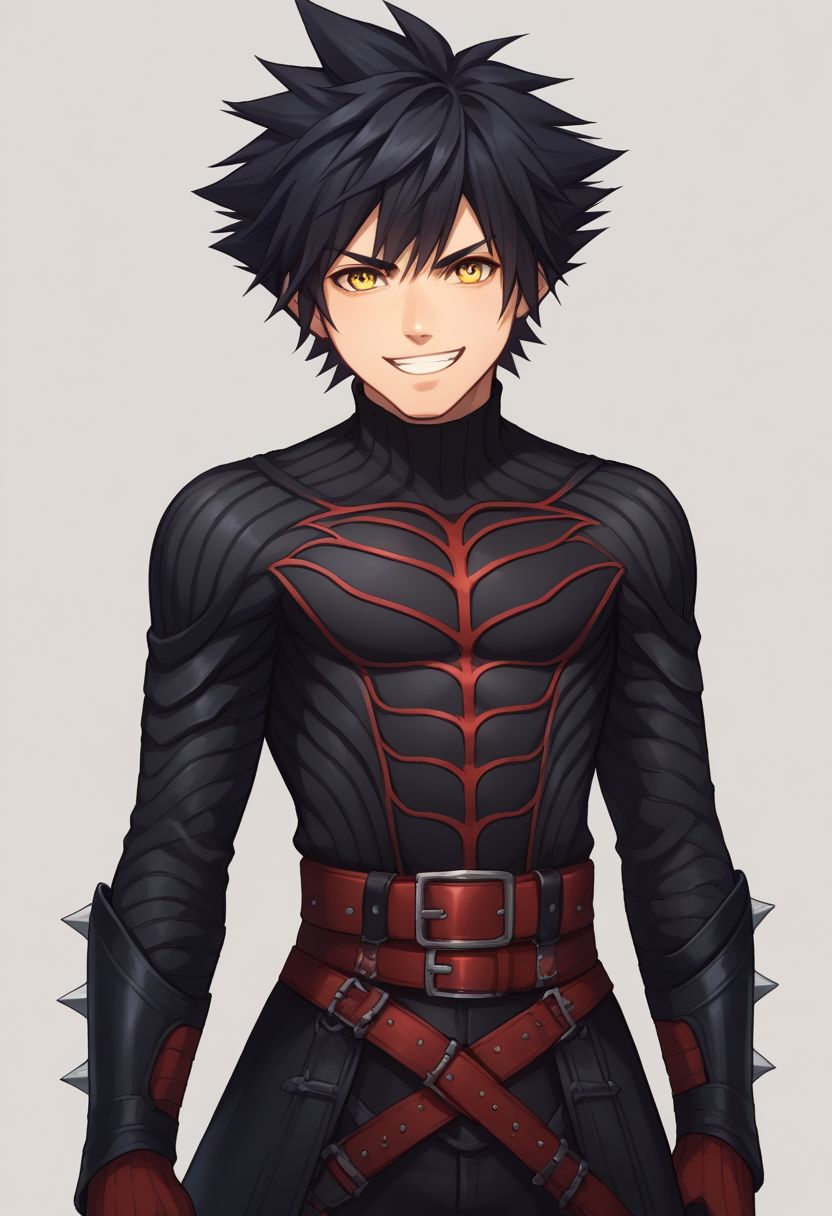 score_9, score_8_up, source_anime, highly detailed, 1boy, solo, male_focus,
vanitas, solo, 1boy, male focus, spiked hair, black hair, yellow eyes, boots, belt, knee boots, gloves, bodysuit, grin, upper body,