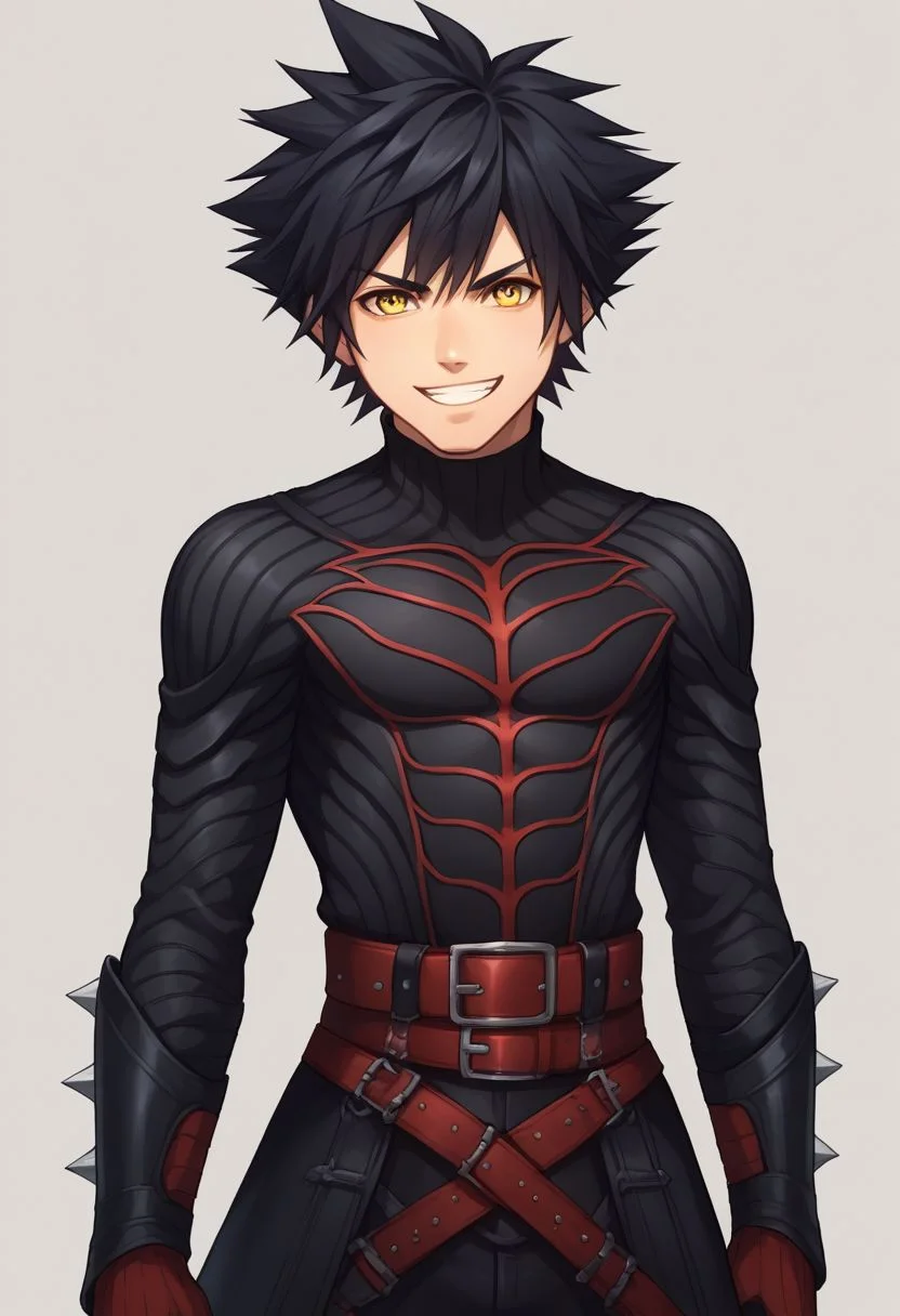 score_9, score_8_up, source_anime, highly detailed, 1boy, solo, male_focus,
vanitas, solo, 1boy, male focus, spiked hair, black hair, yellow eyes, boots, belt, knee boots, gloves, bodysuit, grin, upper body,