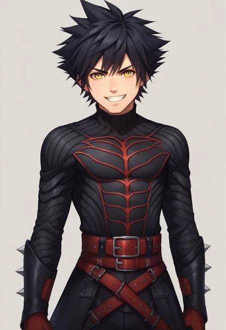 score_9, score_8_up, source_anime, highly detailed, 1boy, solo, male_focus,
vanitas, solo, 1boy, male focus, spiked hair, black hair, yellow eyes, boots, belt, knee boots, gloves, bodysuit, grin, upper body,
