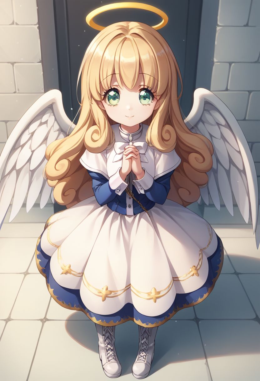 score_9, score_8_up, score_7_up, source_anime, highly detailed, 1girl, solo, cute,
poporon, 1girl, blonde hair, solo, halo, angel, wings, green eyes, long hair, angel wings,
own hands clasped, full body, boots, own hands together, dress,